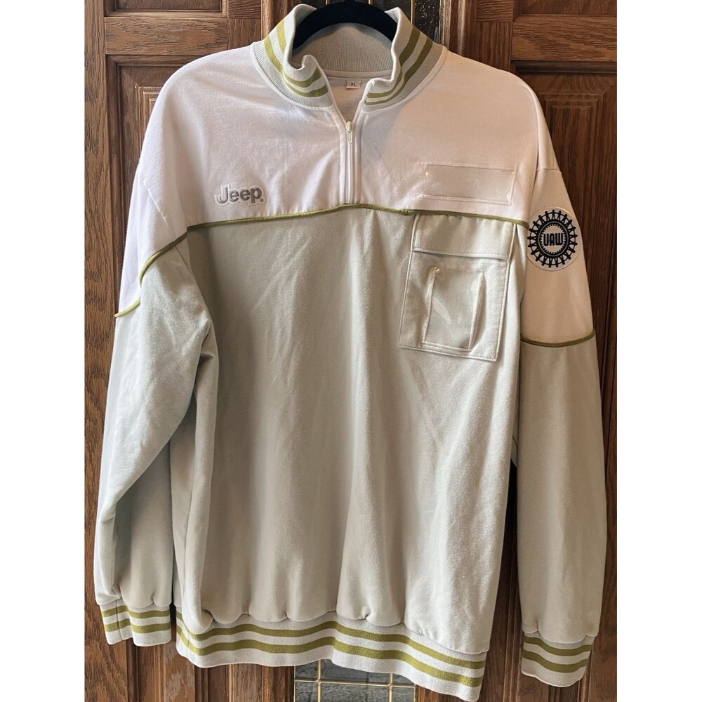 VTG Jeep Men's Pullover Sweatshirt Size XL UAW Green White ID Holder Quarter Zip